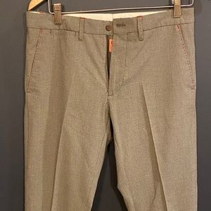 Handsome dress pants with small blue, green and tan plaind textile.